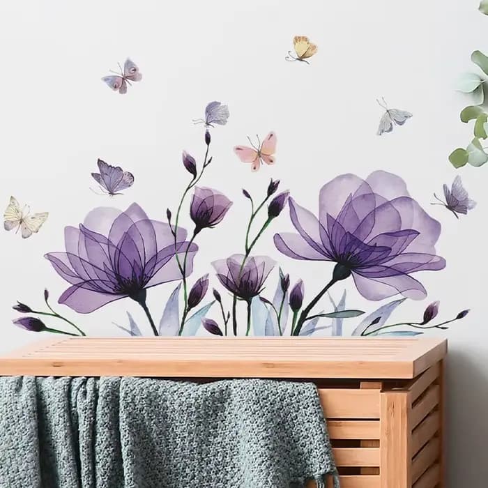 Autocollants muraux décoratifs romantiques, fleurs violettes, papillon, chambre à coucher, salon, embellissement de la maison, vente en gros, décoration de chambre