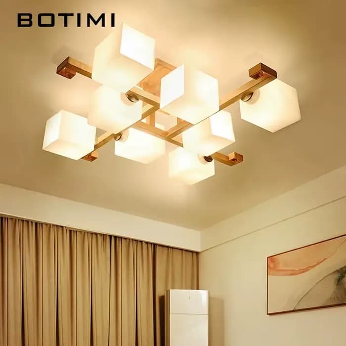 Plafonniers en bois massif avec abat-jour en verre pour salon lampe de chambre en bois moderne lampe de salle à manger montée en Surface carrée