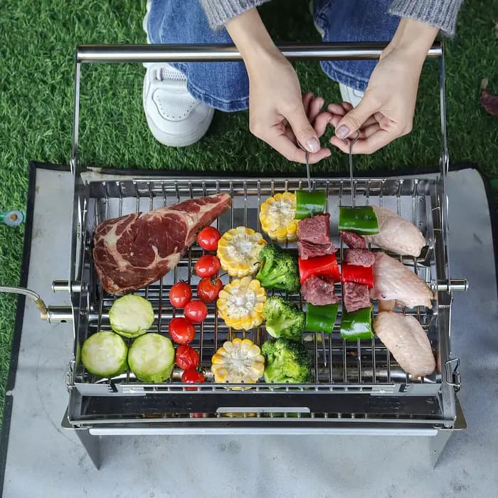 Barbecue à gaz portable, 360 °   Barbecue rotatif au charbon de bois, barbecue de camping en acier inoxydable avec sac de transport
