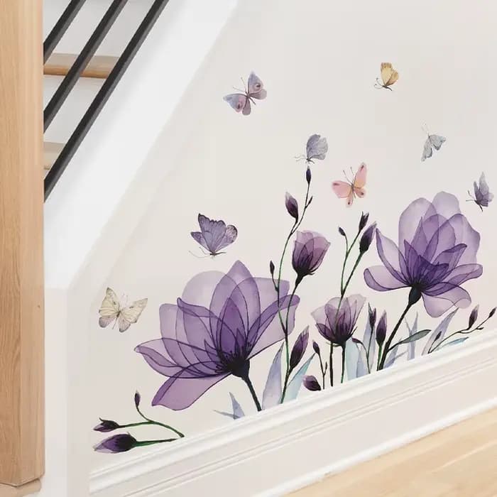 Autocollants muraux décoratifs romantiques, fleurs violettes, papillon, chambre à coucher, salon, embellissement de la maison, vente en gros, décoration de chambre
