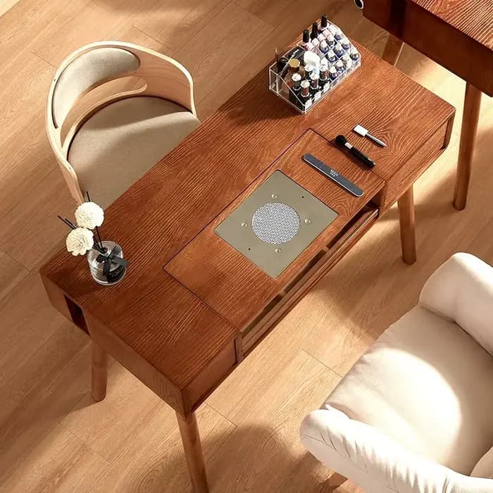 Table de manucure avec plateau en bois, bureau de salon de manucure avec collecteur de poussière, mobilier de salon de beauté commercial moderne, luxueux et durable