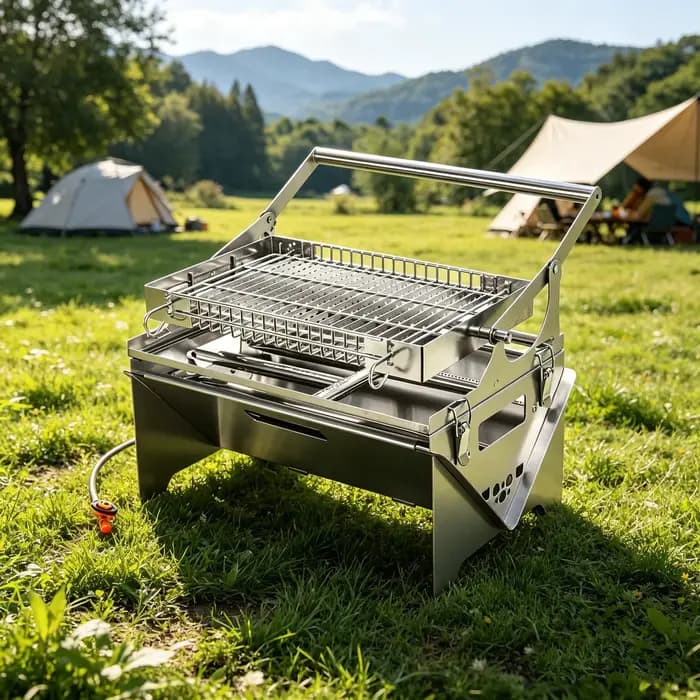 Barbecue à gaz portable, 360 °   Barbecue rotatif au charbon de bois, barbecue de camping en acier inoxydable avec sac de transport