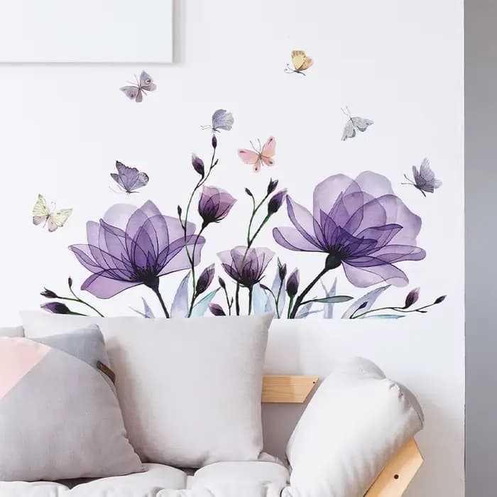Autocollants muraux décoratifs romantiques, fleurs violettes, papillon, chambre à coucher, salon, embellissement de la maison, vente en gros, décoration de chambre