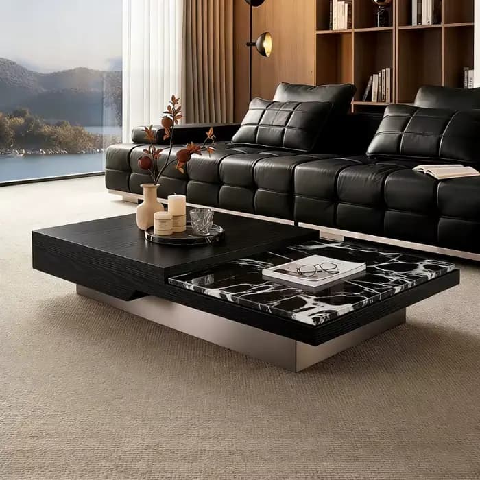 Table basse de salon nordique en marbre noir de luxe, table d'appoint moderne, mobilier original