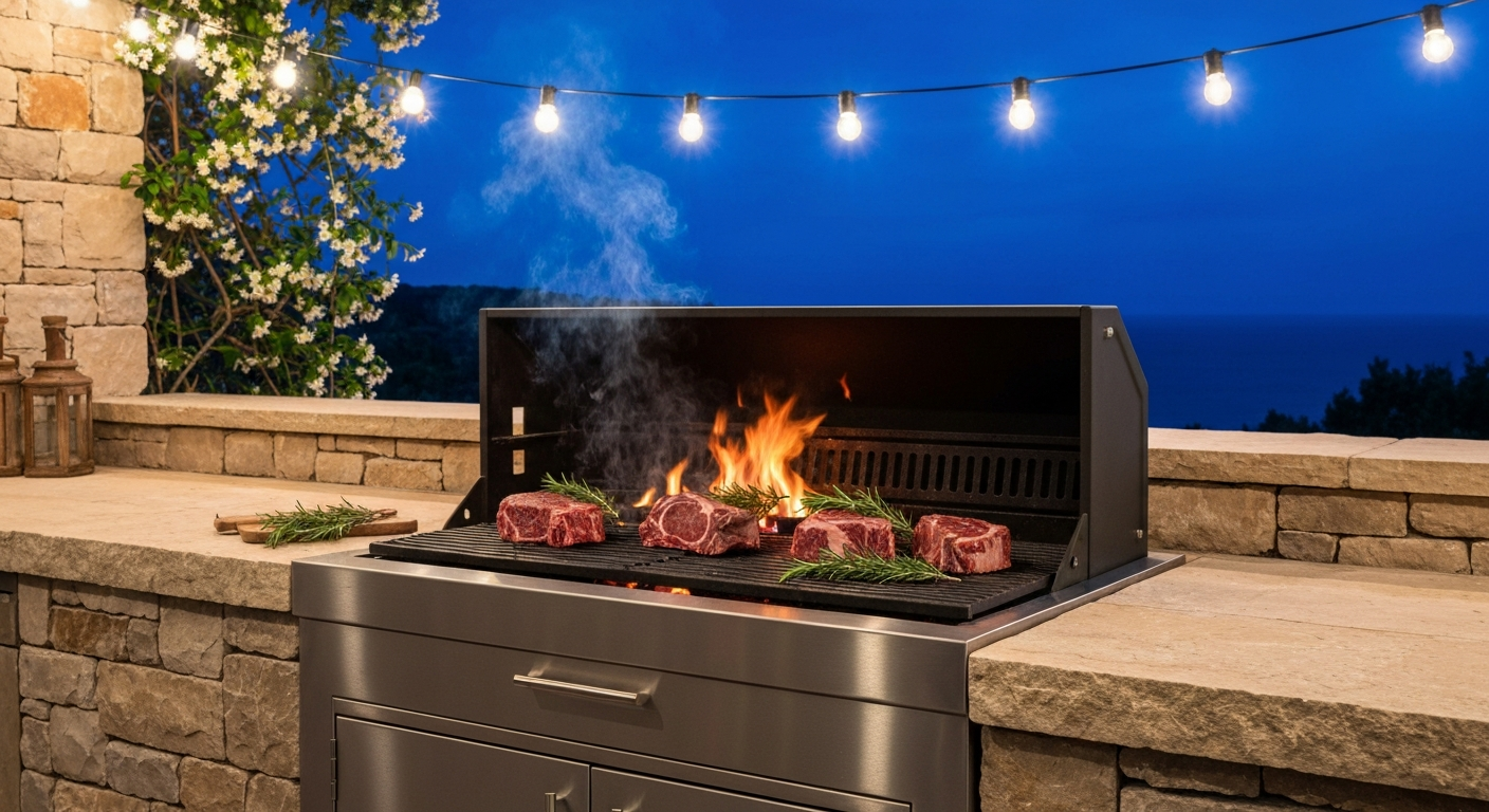 Soirée d'été sous une pergola — barbecue et longue tablée