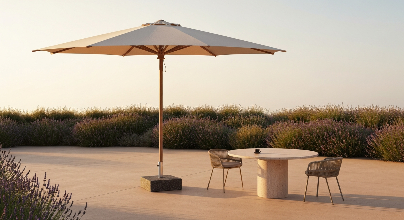 Parasol déporté en toile naturelle posé sur béton sablé