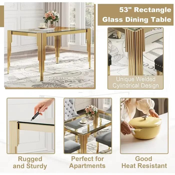 Ensemble de table à manger en verre 5 pièces pour 4, table de cuisine rectangulaire de 53" avec 4 ch