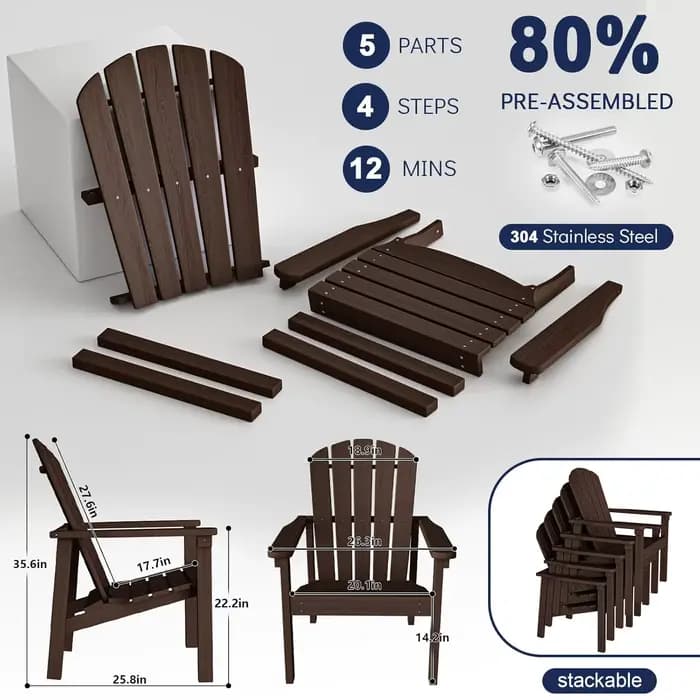 Ensemble de 4 chaises Adirondack empilables compactes, 26,3 pouces de large, en HDPE, pour patio ext