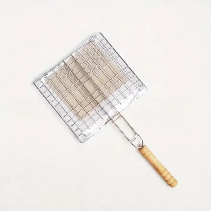 Barbecue grillé réutilisable viande poisson pince support manche en bois métal gril maille pliable B