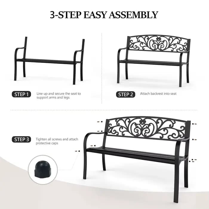 Banc de jardin extérieur en métal avec dossier en PVC à motifs, pour patio, véranda, cour, pelouse,