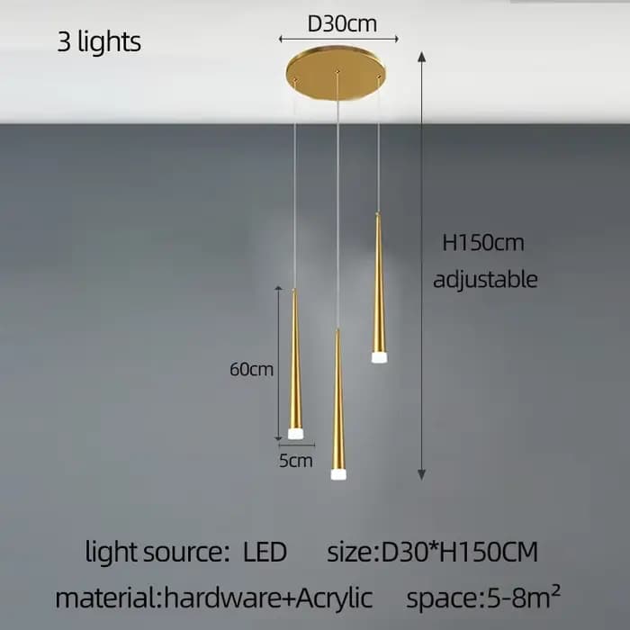 Lustre conique doré LED lampe de salon moderne éclairage intérieur lampe de cuisine Hall haut bâtime