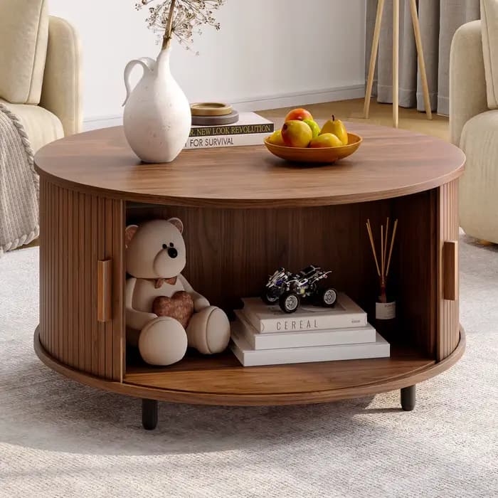 Table basse ronde avec rangement, table basse moderne de 31,5 po avec 360 ° Porte coulissante incu