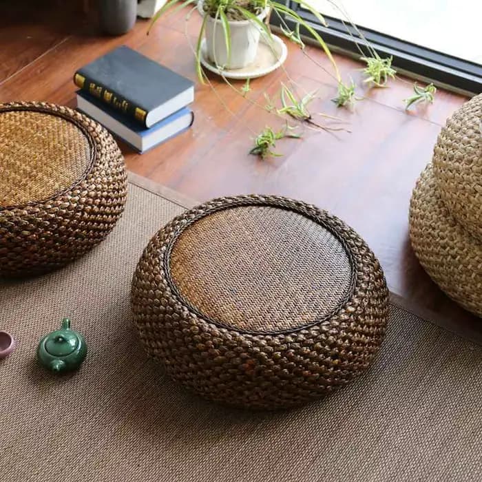 Coussin en rotin de paille, Pouf de siège de sol fait à la main, repose-pieds ottoman en paille tric