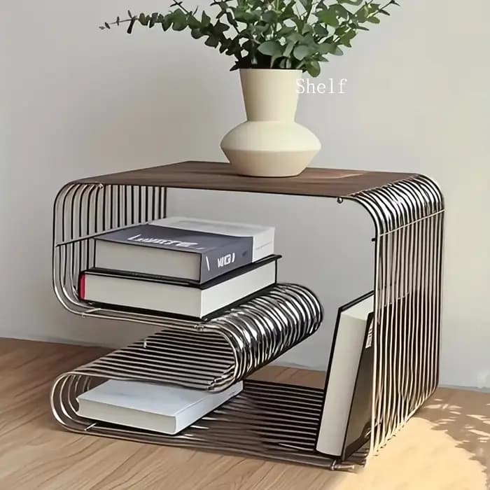 Table carrée en métal argenté, bibliothèque à motifs géométriques, porte-revues, support de rangemen