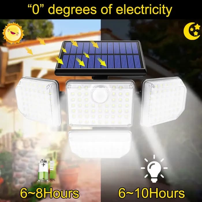 Projecteur de sécurité solaire à 182/112 LED, 3 modes d'éclairage, tête d'éclairage réglable, éclair