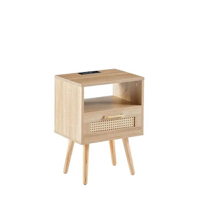 Table d'appoint en rotin avec prise de courant et ports USB, table de chevet moderne avec tiroir et