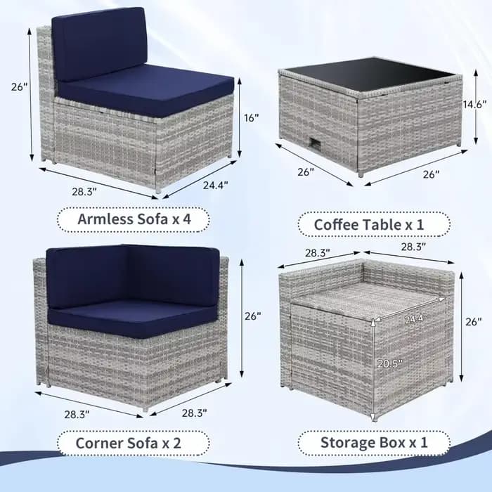 Ensemble segmenté de meubles de patio d'extérieur en rotin de 8 pièces, table à plateau en verre ave