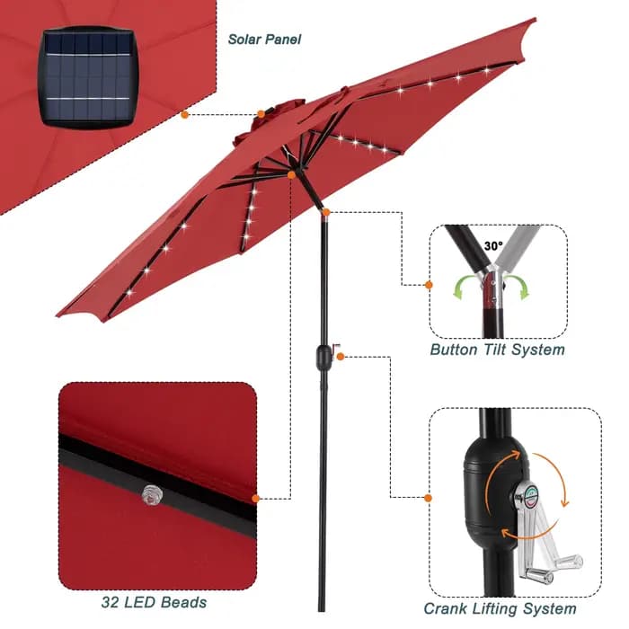 JHK Parasol de patio solaire de 10 pieds avec 32 lumières LED Parasol de table extérieur résistant a