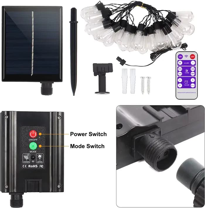 Guirlande solaire haute luminosité, 20 pieds (8M), 20 ampoules incassables, étanche S14 LED, guirlan