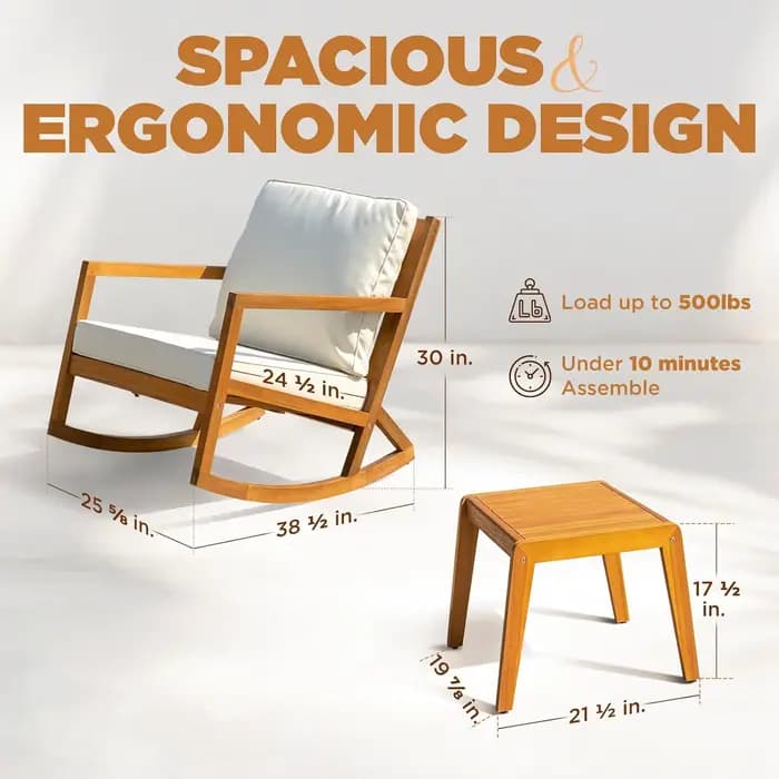 Chaises à bascule design robuste capacité 400lbs ensemble de bistro de patio en bois 3 pièces extéri