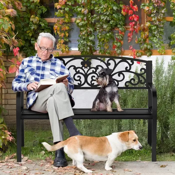 Banc de jardin extérieur en métal avec dossier en PVC à motifs, pour patio, véranda, cour, pelouse,