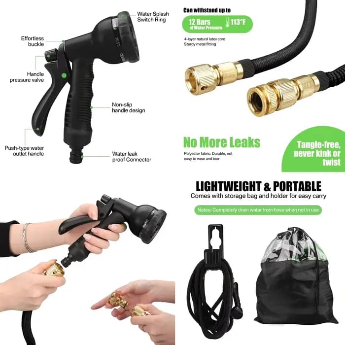 Tuyau d'arrosage extensible de 25 à 100 pieds, avec 8 Modes, pistolet de pulvérisation d'eau, tissag