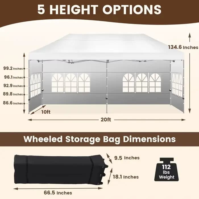 Tente à baldaquin Pop-Up Portable 10X20', auvent extérieur pliable et étanche, tonnelle robuste, par