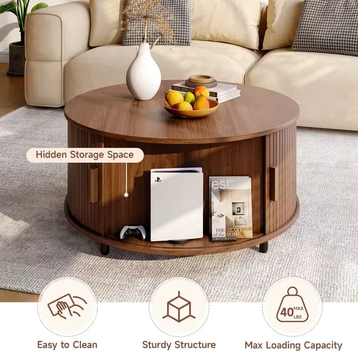 Table basse ronde avec rangement, table basse moderne de 31,5 po avec 360 ° Porte coulissante incu
