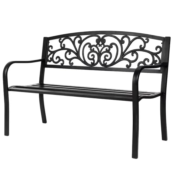 Banc de jardin extérieur en métal avec dossier en PVC à motifs, pour patio, véranda, cour, pelouse,