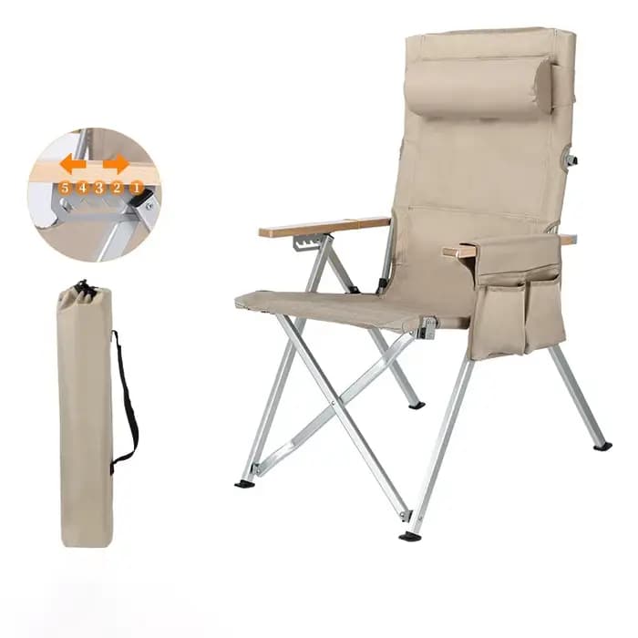 Chaise pliante réglable à 5 positions avec oreiller et accoudoirs – Parfaite pour le camping en plei