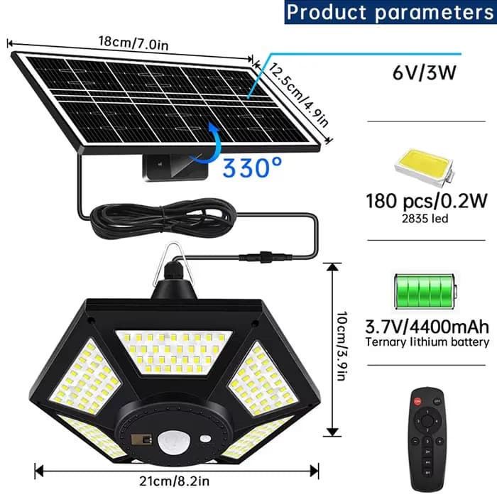 Lampe Solaire Suspendue avec Télécommande, Éclairage d'Intérieur et d'Extérieur à 180LED et 5 Modes