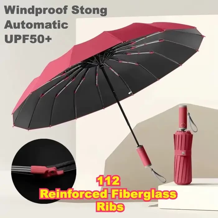 Parapluie automatique coupe-vent 112 nervures en fibre de verre renforcées, anti-tempête UV 50+ pour