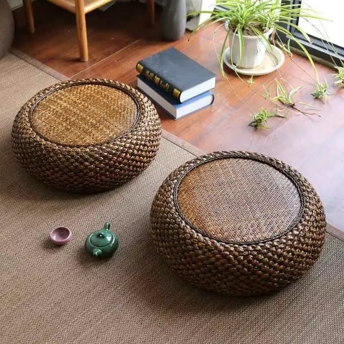 Coussin en rotin de paille, Pouf de siège de sol fait à la main, repose-pieds ottoman en paille tric