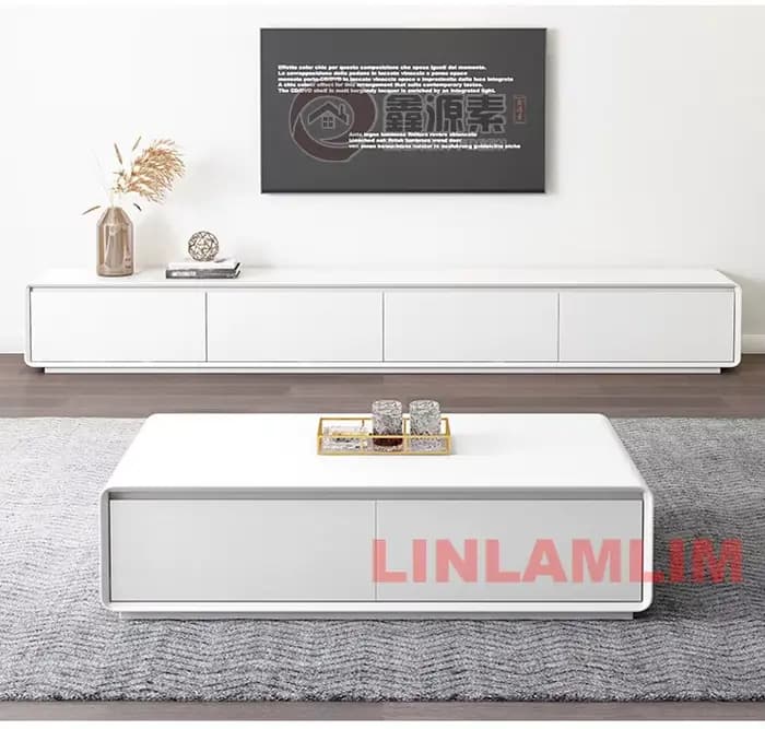 Ensemble de meubles de salon blancs modernes, table basse et meuble TV avec armoires de rangement, e