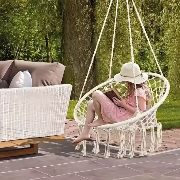 Chaise suspendue tissée avec dossier pour intérieur et extérieur | Chaise pivotante pour jardin, p