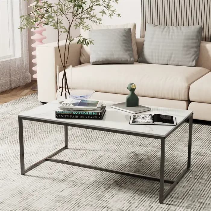 Table basse en pierre frittée avec cadre en métal noir, table centrale de canapé gris, décoration de