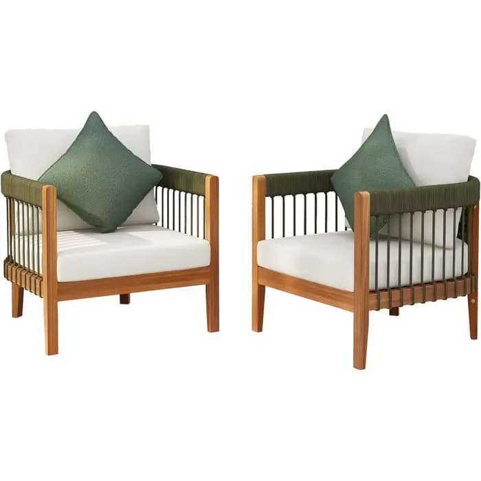 Vinny Lot de 2 chaises d'appoint d'extérieur, chaise club en bois d'acacia, fauteuil en corde tissée
