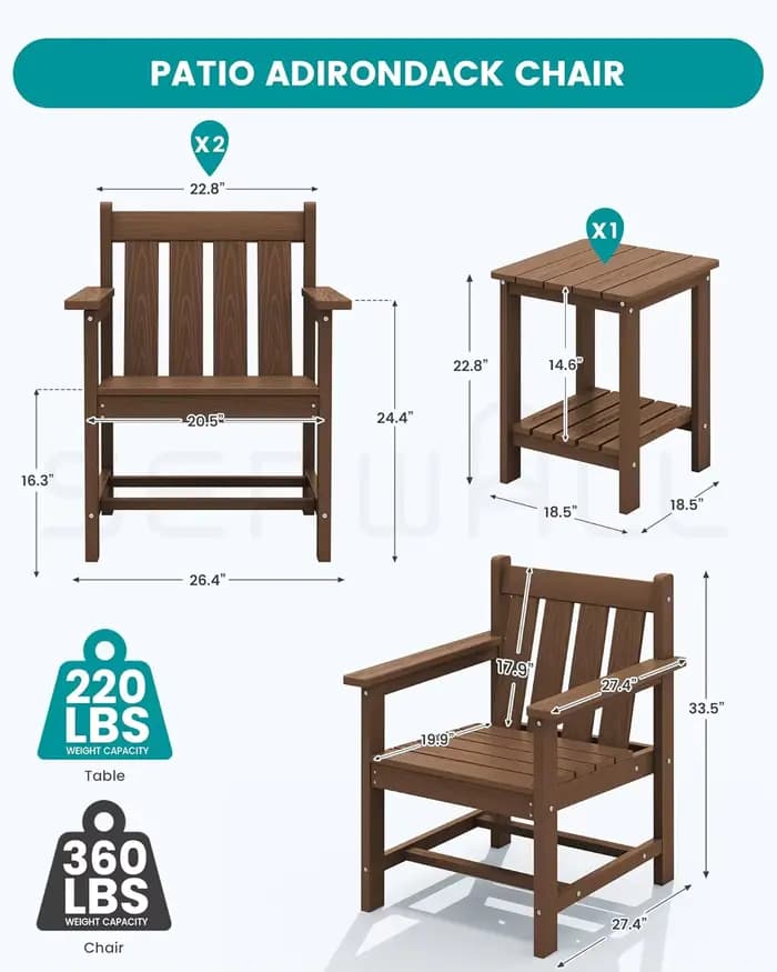 Ensemble de bistro de patio 3 pièces, ensemble de chaises Adirondack toutes saisons avec table d'app