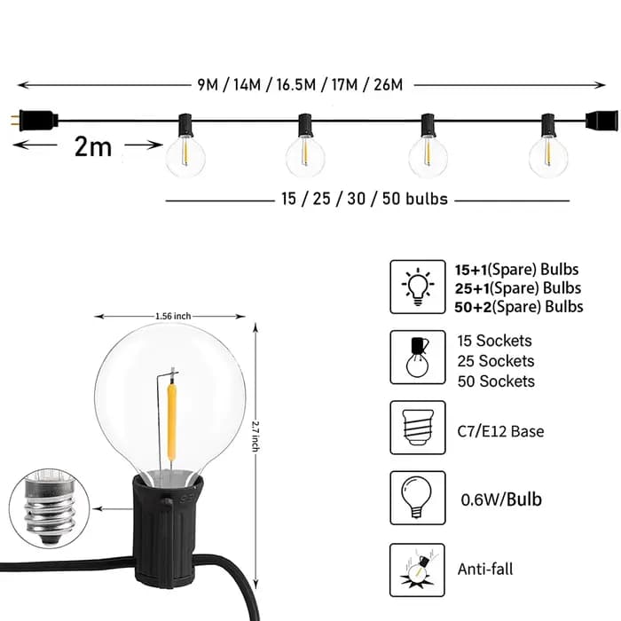 9 M/26 M feston LED Globe chaîne lumière fée LED G40 extérieur pour fête de noël jardin décor guirla
