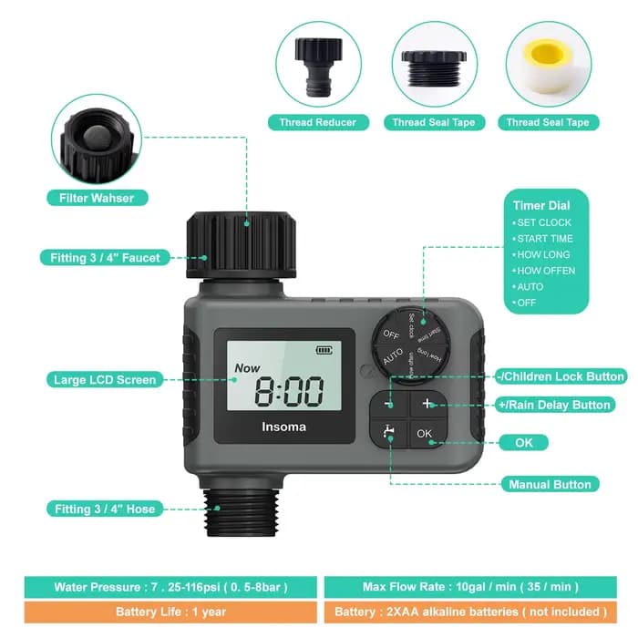 INSOMA-Système d'arrosage automatique intelligent, minuterie d'irrigation, écran LCD, IPX5, minuteri