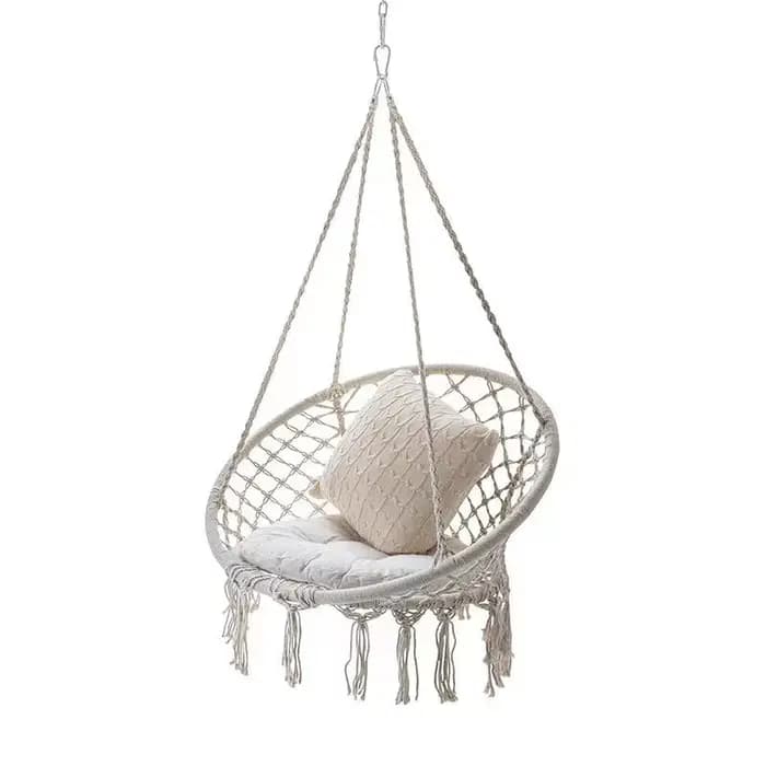 Fauteuil suspendu d'extérieur en corde de coton tressée avec pompons, panier balançoire paresseux po