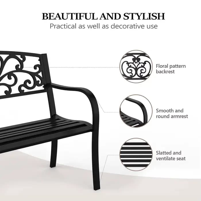 Banc de jardin extérieur en métal avec dossier en PVC à motifs, pour patio, véranda, cour, pelouse,