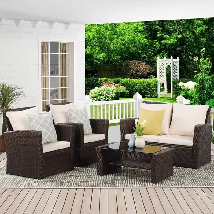 Ensemble de meubles de patio d'extérieur, 4 pièces, canapé en osier, ensemble de conversation avec c