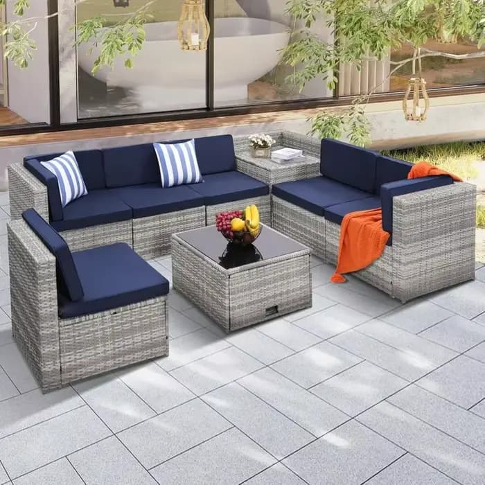 Ensemble segmenté de meubles de patio d'extérieur en rotin de 8 pièces, table à plateau en verre ave