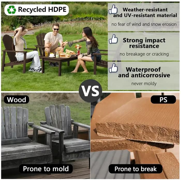 Ensemble de 4 chaises Adirondack empilables compactes, 26,3 pouces de large, en HDPE, pour patio ext