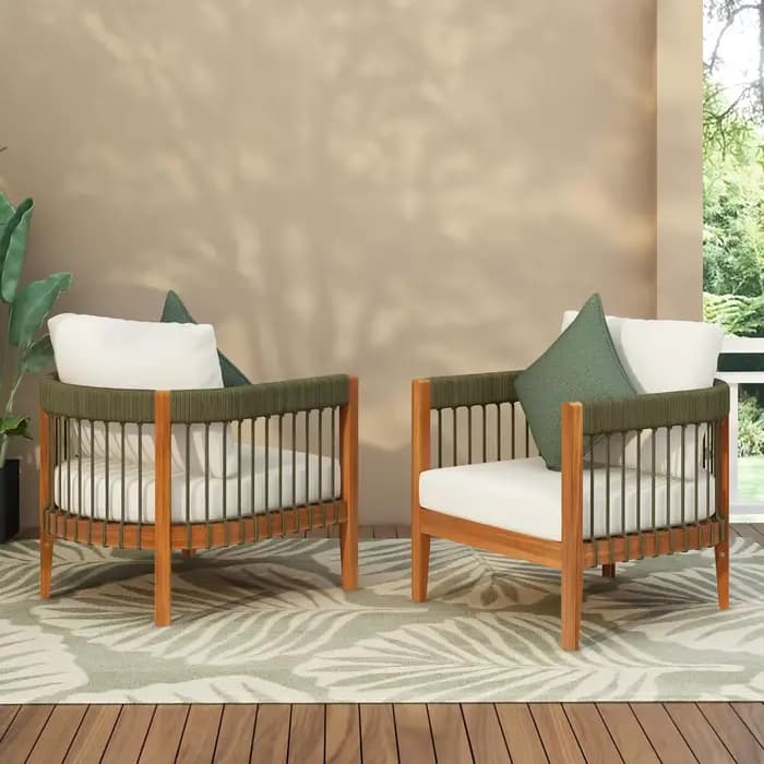 Vinny Lot de 2 chaises d'appoint d'extérieur, chaise club en bois d'acacia, fauteuil en corde tissée