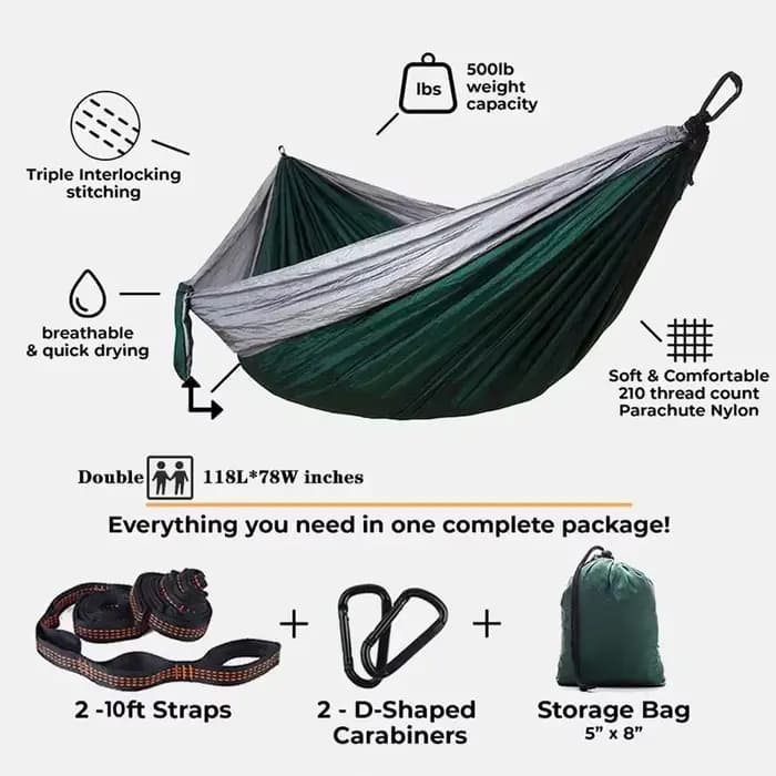 Double hamac de Camping surdimensionné, hamac à sangles d'arbre Portable, hamac de voyage en Nylon 2
