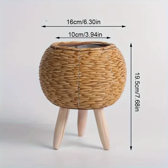 Charmante jardinière en rotin rustique avec pieds en bois, panier de rangement tissé polyvalent pour