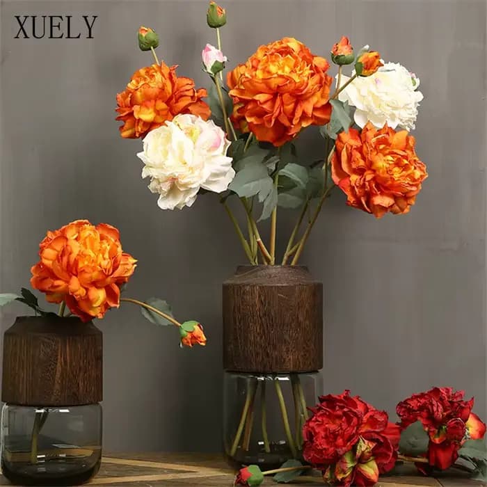 Luxe longue branche peinture à l'huile pivoine Rose fleurs en soie, maison, table de bureau, mise en page de scène de chambre, décor de bouquet de mariage