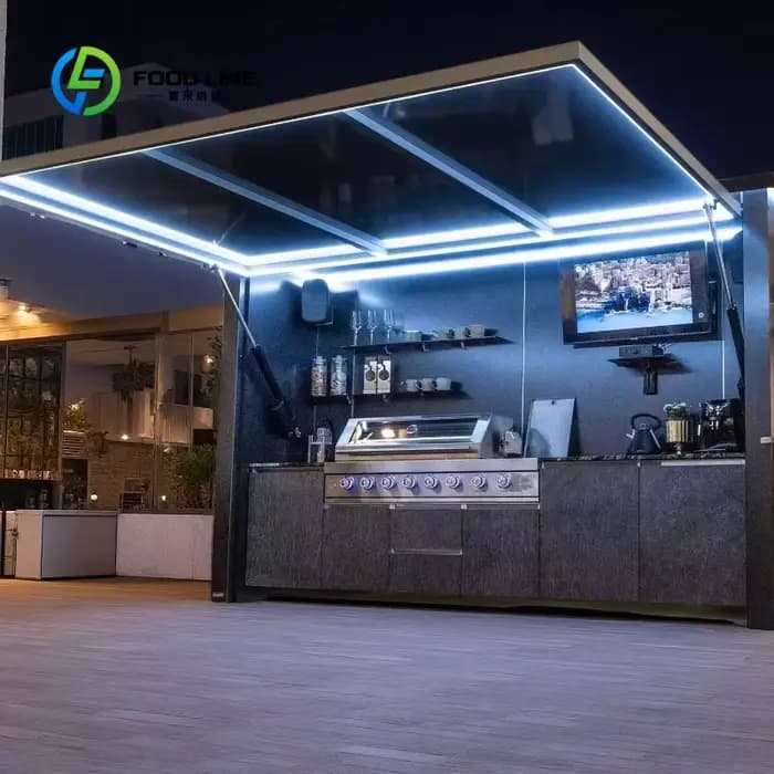 Îlot de cuisine extérieur personnalisé avec comptoir en granit et armoires en acier inoxydable pour terrasse et divertissement en plein air